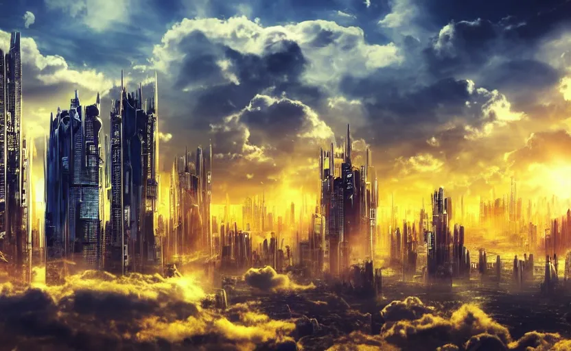 Image similar to vista of futuristic city, harmony of technology and nature, dramatic afternoon sky, peaceful