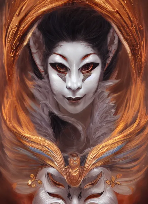 Prompt: a beautiful detailed oil on copper art illustration of a japanese hannya kitsune mask woman, the mask is broken, centered, by charlie bowater, zeng fanzh, trending on artstation, dim dusk lighting, cinematic lighting, detailed lighting, volumetric lighting, realistic, f 8, 4 k hd wallpaper