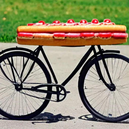 Image similar to a bicycle made of hot dogs