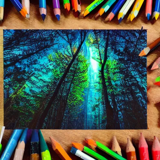 Image similar to bright nordic forest, sparkling spirits, detailed wide shot, crayon, ground detailed, wet eyes reflecting into eyes reflecting into infinity, beautiful lighting