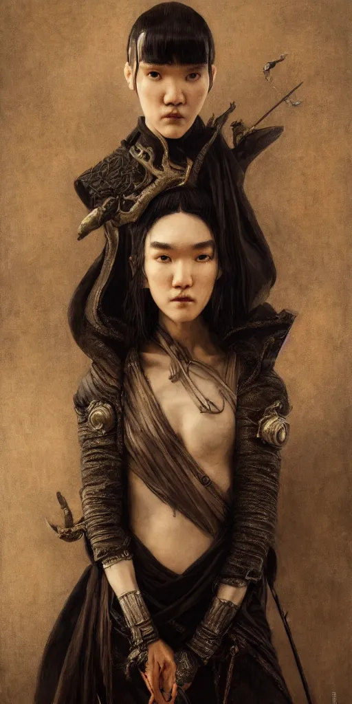 Prompt: tao okamoto, fame of thrones masterpiece by edgar maxence and ross tran and michael whelan, gustav dore, 8 k, octane render