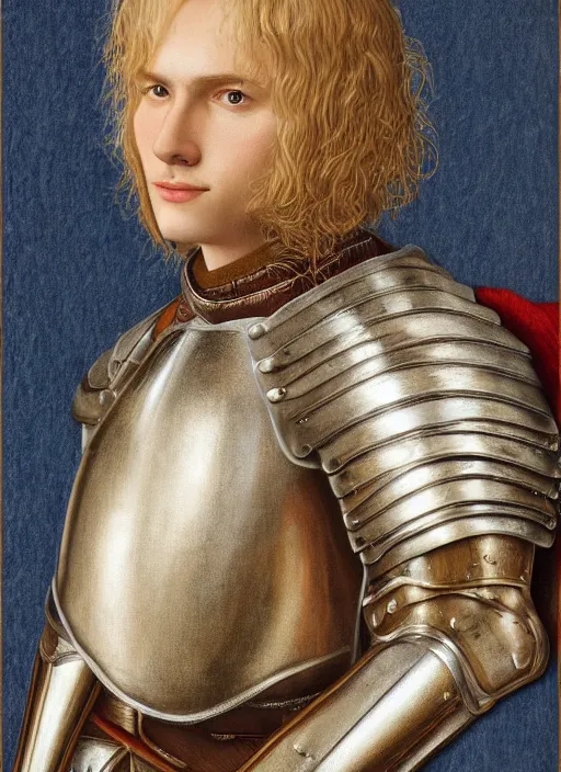 Image similar to oilpainting of a handsome young knight with a beautiful face and clear skin, long blond hair, wearing an engraved plate armor, no helmet, high resolution, clear image, digital art, studio photo, 4 k, clear lines, artstation, rendition by jan van eyck