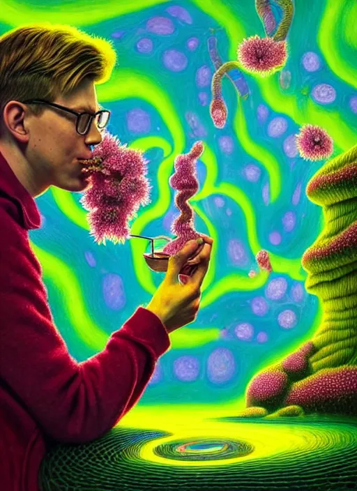 Image similar to hyper detailed 3d render like a Oil painting - friendly portrait of youtuber Hank Green in Aurora (Singer) seen Eating of the Strangling network of yellowcake aerochrome and milky Fruit and Her delicate Hands hold of gossamer polyp blossoms bring iridescent fungal flowers whose spores black the foolish stars by Jacek Yerka, Mariusz Lewandowski, Houdini algorithmic generative render, Abstract brush strokes, Masterpiece, Edward Hopper and James Gilleard, Zdzislaw Beksinski, Wolfgang Lettl, hints of Yayoi Kasuma, octane render, 8k