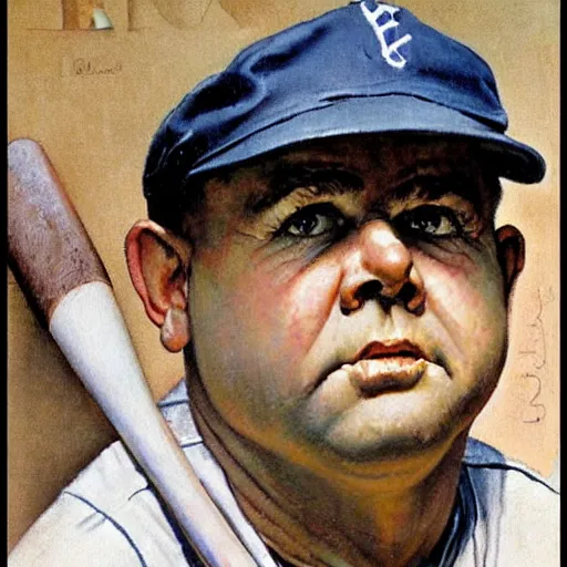 Image similar to a portrait painting of Babe Ruth. Painted by Norman Rockwell