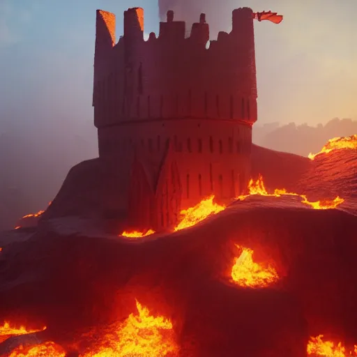 Prompt: a burning castle in a red sea, unreal engine, artstation, hyperrealistic, 8k.