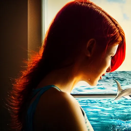 Image similar to a hyper realistic image of a very beautiful red haired girl standing near a window, she is facing the camera, a dolphin is swimming in the sky