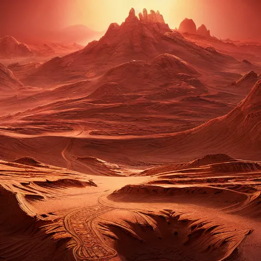 Prompt: martian desert landscape in style of Doom, insanely detailed and intricate, golden ratio, elegant, ornate, unfathomable horror, elite, ominous, haunting, matte painting, cinematic, cgsociety, Andreas Marschall, James jean, Noah Bradley, Darius Zawadzki, vivid and vibrant