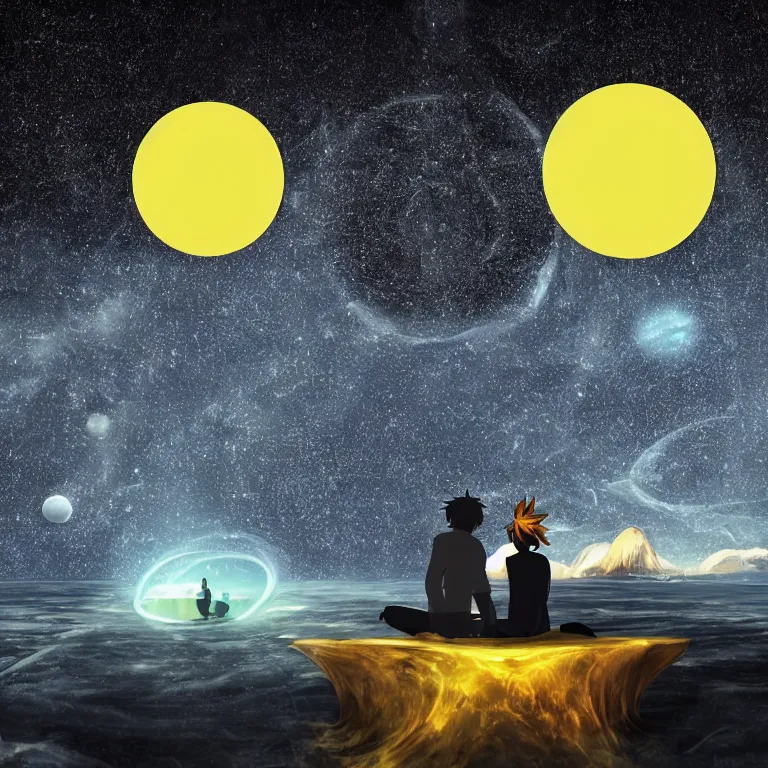 Prompt: black contrast dark style two people stuck on a very tiny floating island overlooking a centered perfectly circular supermassive black hole vast space infinite void vibrant nebula stars makoto shinkai warped yellow accretion disk picnic table