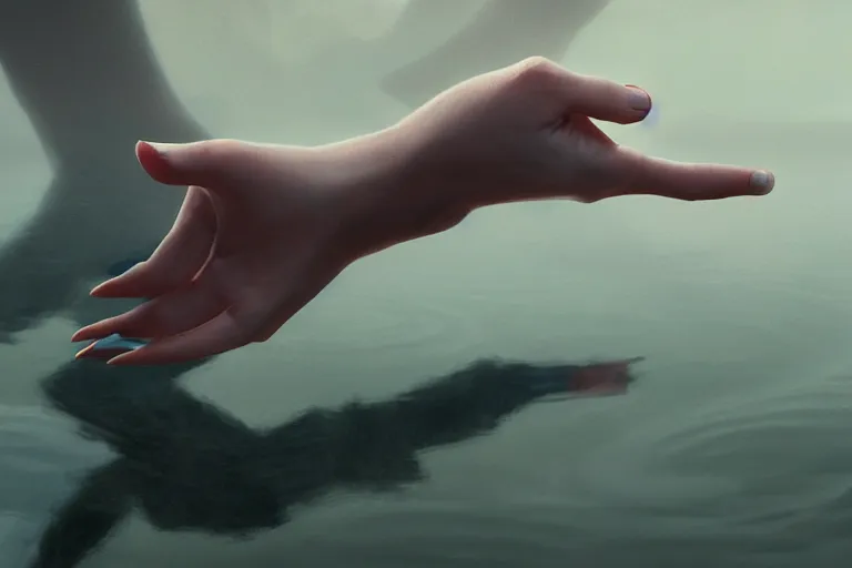 Image similar to first person perspective of a woman looking at her hands full of rings, the woman is reflected in the water of a lake, in the style of ruan jia, illustration, epic, fantasy, hyper detailed, smooth, unreal engine, sharp focus, ray tracing