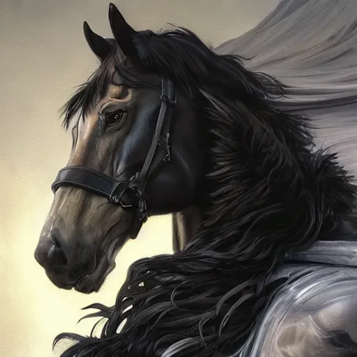 Prompt: splash art of a muscular black - coated anthropomorphic horse character wearing tactical kevlar fabric with a long white mane, exaggerated muscles, highly detailed, furry, furaffinity, digital painting, artstation, sharp focus, illustration, art by artgerm, greg rutkowski, alphonse mucha