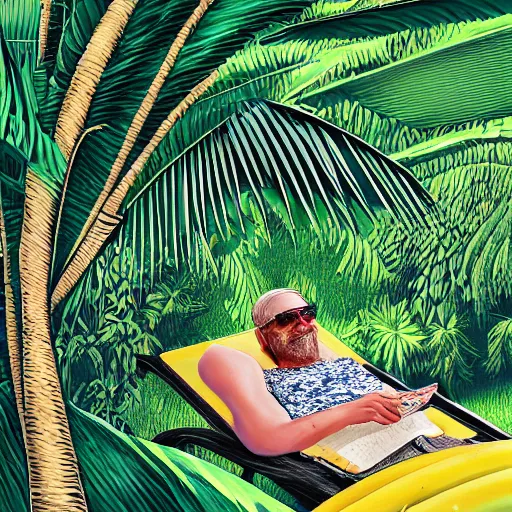 Prompt: person relaxing under the shade of a banana tree, digital art, hyper detailed