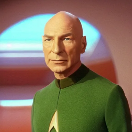 Image similar to jean - luc picard in star trek wearing an avocado for a hat and a face