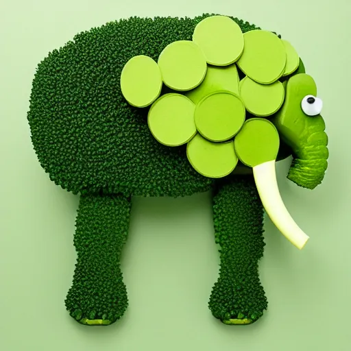 Image similar to an elephant created out of pieces of broccoli