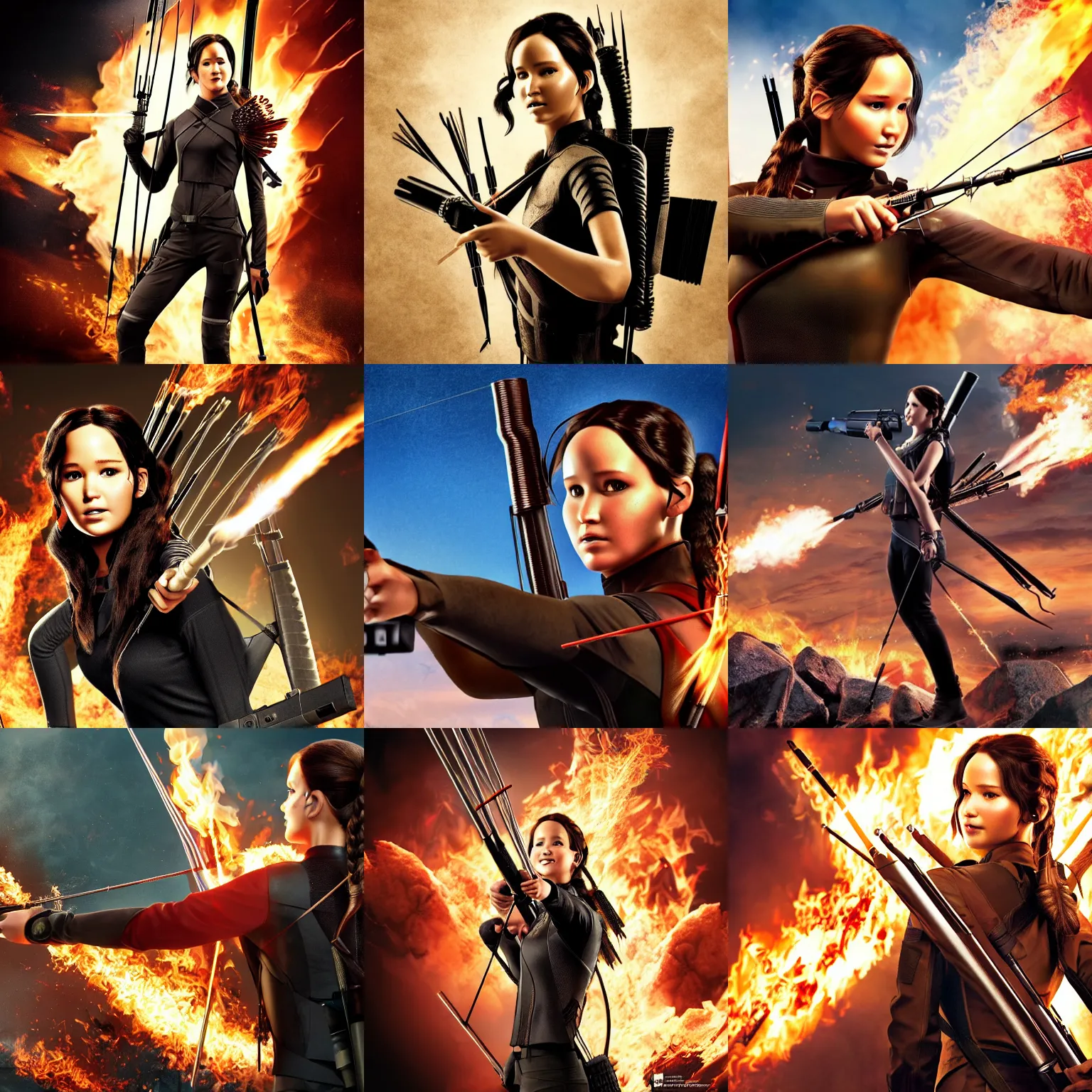 Prompt: Katniss Everdeen holding a rocket launcher, cover art by Stephen Bliss, boxart, loading screen