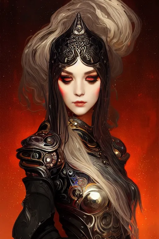 Image similar to portrait evilly knights of Zodiac girl smoky eyes, black fire color reflected armor, in ruined Agora of Athens rainy night, ssci-fi and fantasy, intricate and very very beautiful and elegant, highly detailed, digital painting, artstation, concept art, smooth and sharp focus, illustration, art by tian zi and WLOP and alphonse mucha