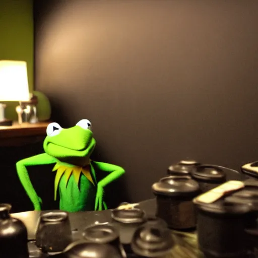 Image similar to kermit in the backrooms, dark and eerie