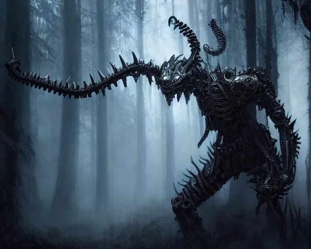 Image similar to 5 5 mm close up portrait photo of an armored biomechanical demon looking at the camera, in a magical forest. dark atmosphere. art by greg rutkowski and luis royo. highly detailed 8 k. intricate. lifelike. soft light. nikon d 8 5 0.