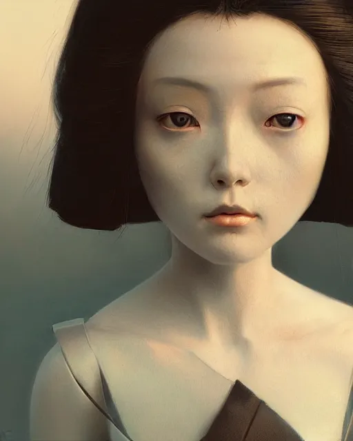 Image similar to hyper realistic photo portrait android porcelain doll face geisha cinematic, artstation, cgsociety, greg rutkowski, james gurney, mignola, craig mullins, brom, ghibli