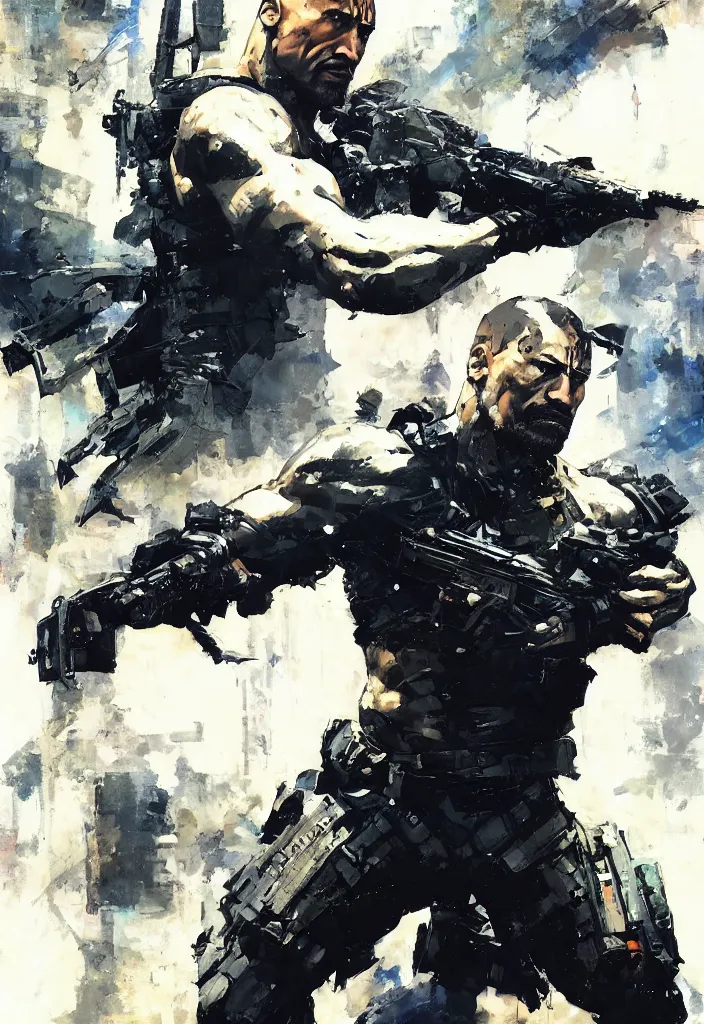 Prompt: dwayne the rock johnson wearing metal gear armor holding gun dramatic lighting art by brandon anschultz by yoji shinkawa by richard schmid by greg rutkowski by sandra chevrier by jeremy lipking cinematic dramatic brush strokes background