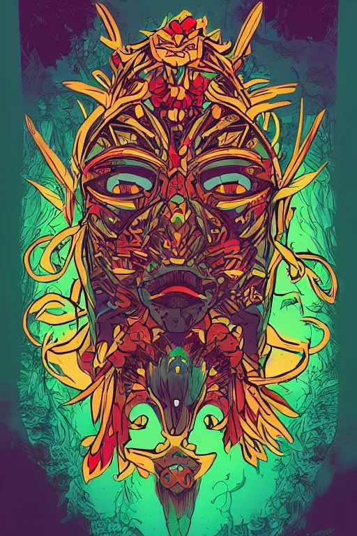 Image similar to animal mask totem roots flower tribal feather gemstone plant wood rock shaman vodoo video game vector cutout illustration vivid multicolor borderlands comics by josan gonzales and dan mumford radiating a glowing aura