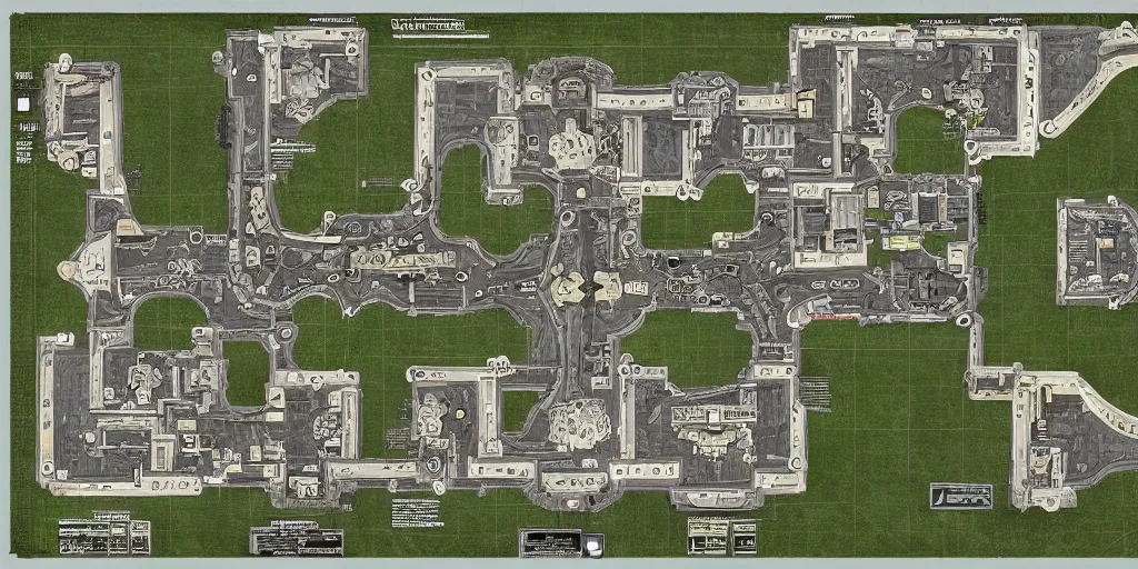 Prompt: architectural floor plan oblivion movie game adaptation map, symmetrical outpost, highly detailed