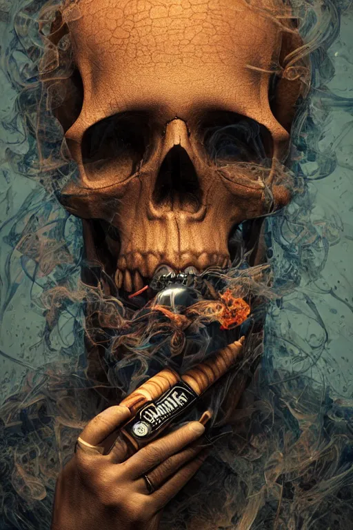 Image similar to portrait of a skull smoking a cigar, intricate, abstract, intricate artwork, nightmare fuel by tooth wu wlop beeple dan mumford, octane render