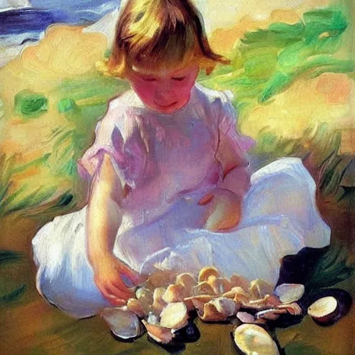 Prompt: A 2 year old girl playing with small abalone shells, blond hair. Painting by Sorolla