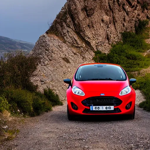 Image similar to red ford fiesta mk 5 zetec on a mountain road, spain, award winning photograph, golden hour