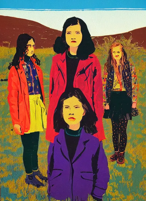 Prompt: a portrait of a group of girls dressed in colorful jackets in a scenic representation of mother nature and the meaning of life by billy childish, composition by justine kurland, thick visible brush strokes, shadowy landscape painting in the background by beal gifford, vintage postcard illustration, minimalist cover art by mitchell hooks