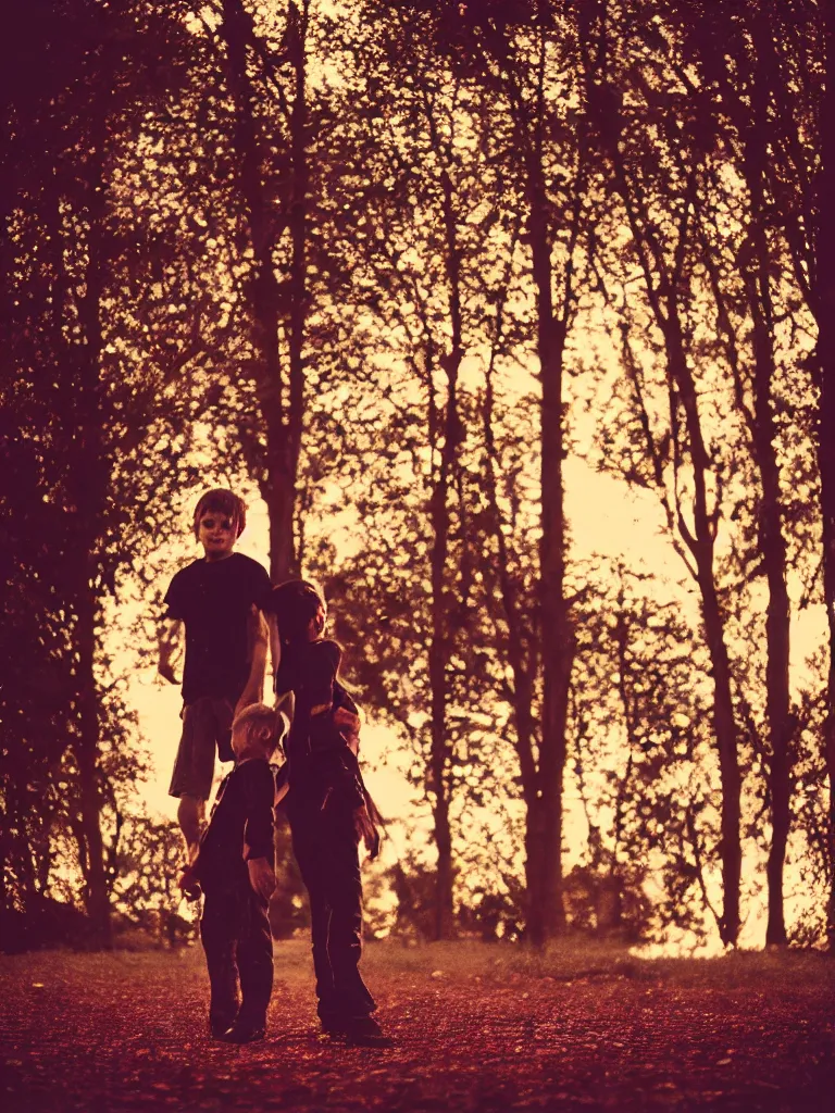 Prompt: a boy and a girl side by side, posing for a picture, a strong light behind them, nostalgic, night, some trees in the background, old polaroid, dramatic reddish light, atmospheric