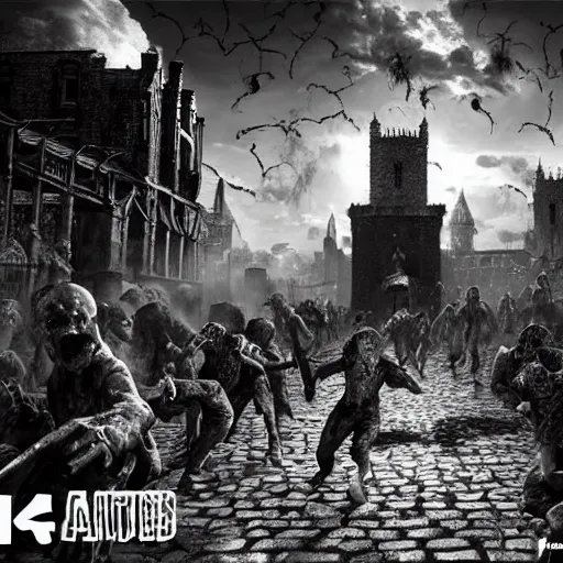 Prompt: zombies attack the medieval city in the style of kentaro miura, 4 k, 8 k, absolute detail of even the smallest details and particles, beautiful shadows, beautiful art, black and white drawing