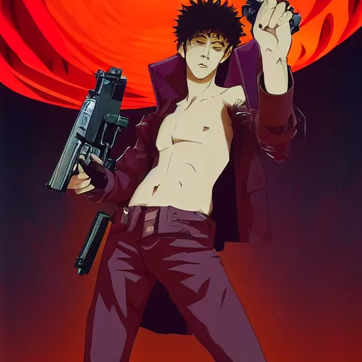 Prompt: , hyperrealistic spike from anime cowboy bebop holding two handguns looking into the distance of space, physically accurate, dynamic lighting, intricate, elegant, highly detailed, very very Roberto Ferri, sharp focus, very very unsettling, very terrifying, illustration, wideshot, spike in on top of his red spaceship and he is looking over a dystopian cyber city on Mars art