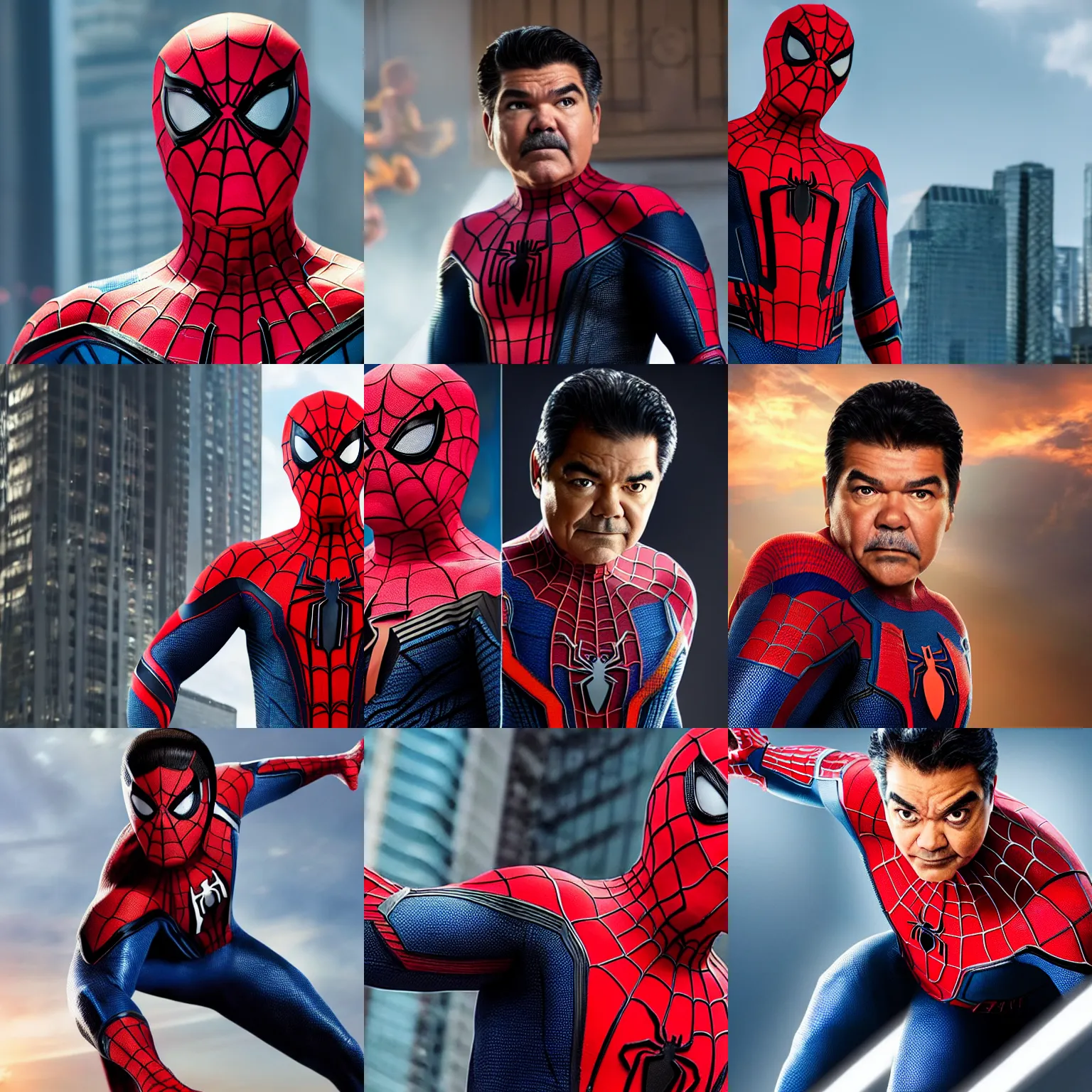 Prompt: George Lopez as Spider-Man with no mask, detailed, determined, portrait photograph, 8k hdr movie still, dynamic lighting