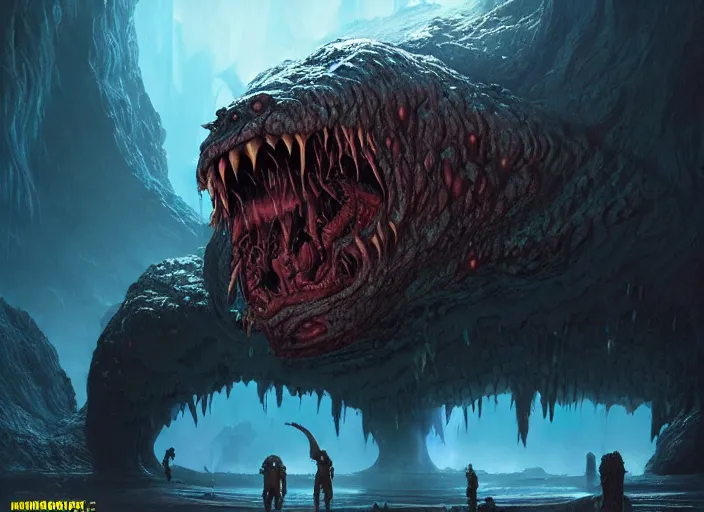 Image similar to giant monstrous aggressive slime creature screaming at the camera, cavescape with epic dramatic lighting, epic science fiction horror digital matte painting by Moebius and Mark Brooks (and Greg Rutkowski), extremely detailed, artstation