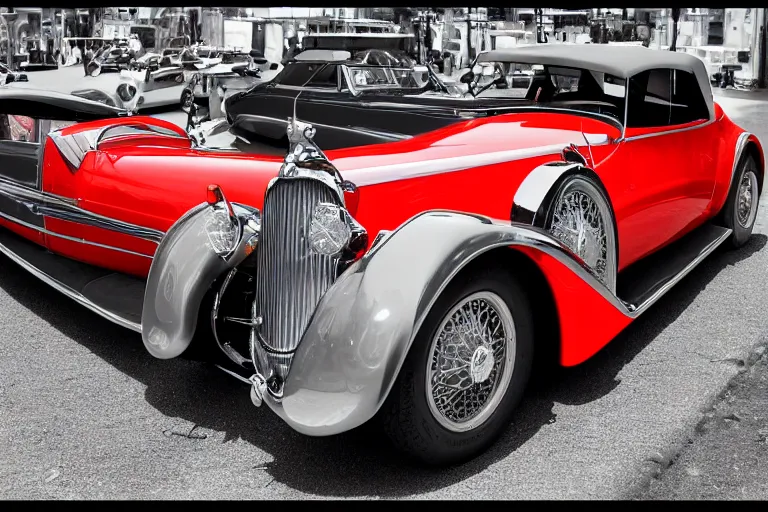 Image similar to designed by Giorgetto Giugiaro stylized poser of a single 1933 Duesenberg Cord, neon lights, ektachrome photograph