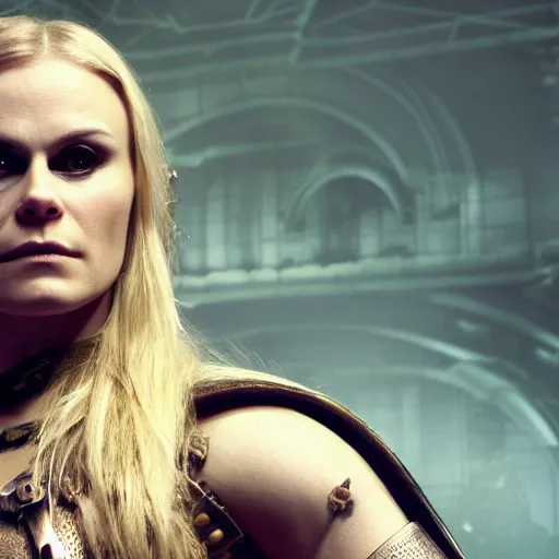 Prompt: anna paquin as a warrior in a dystopian future