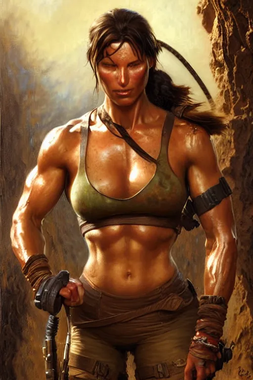 Prompt: muscular sweat lara croft, covers with mud exhausted face close up, highly detailed painting by gaston bussiere, craig mullins, j. c. leyendecker 8 k