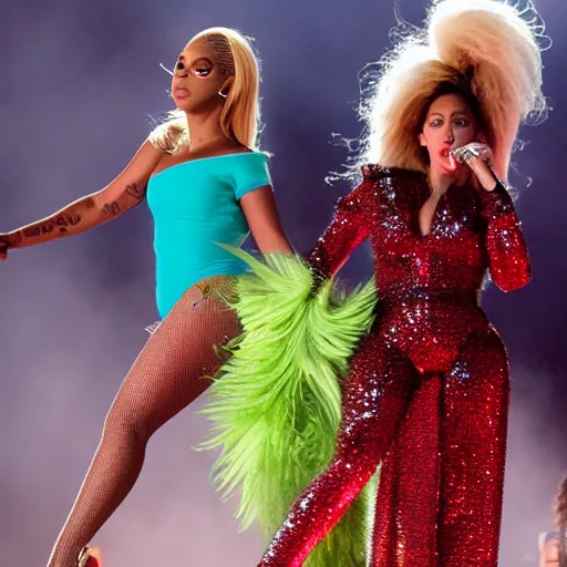 Prompt: Beyonce and Lady gaga giving a concert, EOS 5D, ISO100, f/8, 1/125, 84mm, RAW Dual Pixel, Dolby Vision, HDR, AP, Featured