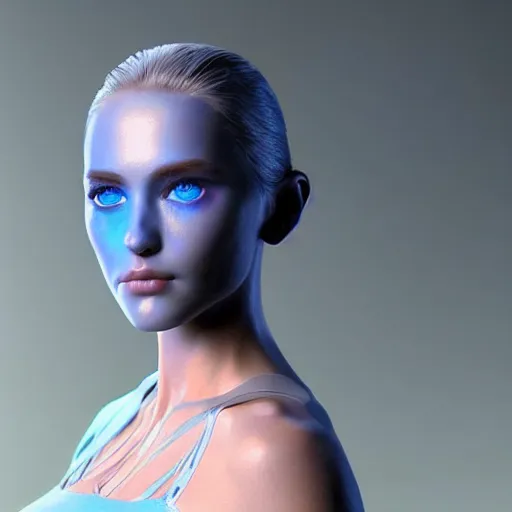 Image similar to “hyperrealistic ultra detailed unreal engine 5 RTX raytracing nvidia hairworks render of portrait of the most beautiful girl with blue eyes. futuristic. very high detailed. By Charli Amani. By Tsubasa Nakai. Photorealistic render”