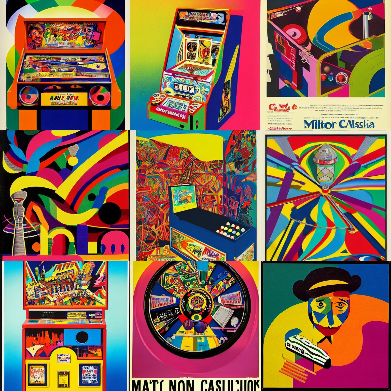 Prompt: colorful ad for a pinball machine milton glaser