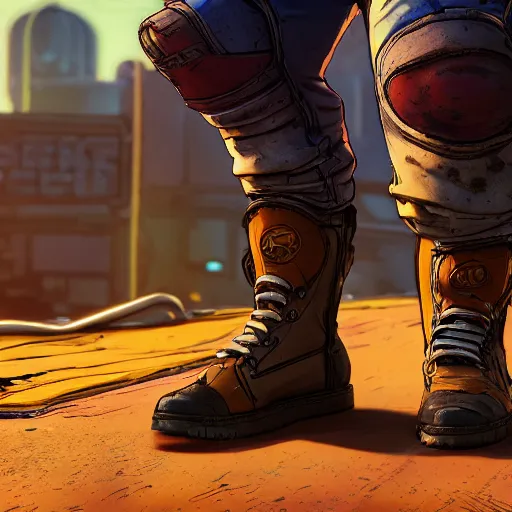 Prompt: a mechanic boots in the borderlands 3 style, close - up, cinematic shot, intricate, ornate, photorealistic, ultra detailed, realistic, 1 0 0 mm, photography, octane, high definition, depth of field, bokeh, 8 k, behance, artstation