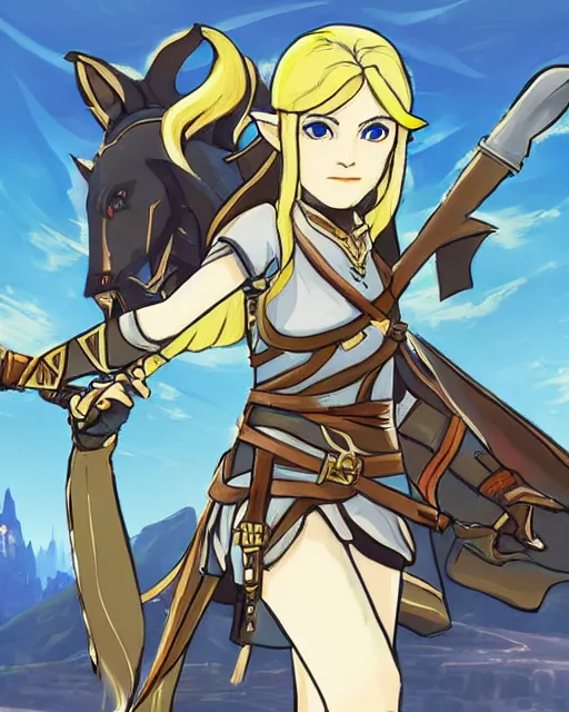 Image similar to illustration of girl in the style of fire emblem and breath of the wild