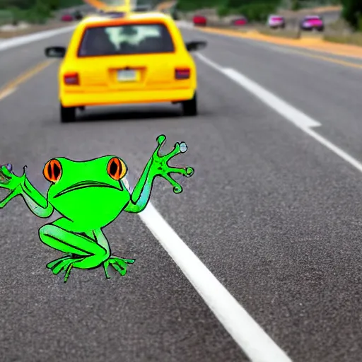 Image similar to anthropomorphic frog protesting on a freeway