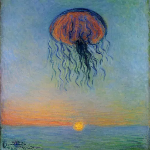 Prompt: a Claude Monet painting of a jellyfish fairy hovering over the sky during dawn