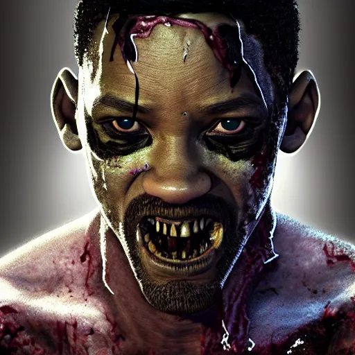 Image similar to eighties will smith as a flesh eating zombie with cuts on face, 7 days to die zombie, fine art, award winning, intricate, elegant, sharp focus, cinematic lighting, highly detailed, digital painting, 8 k concept art, art by guweiz and z. w. gu, masterpiece, trending on artstation, 8 k