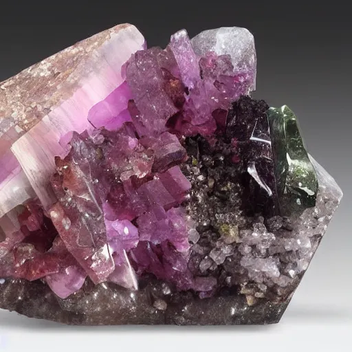 Prompt: a large mineral specimen consisting of prismatic tourmaline crystals on cleavelandite with quartz and lepidolite.