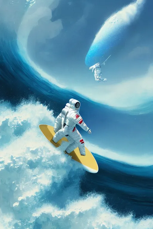 Image similar to a beautiful digital painting of an astronaut in a white space suit surfing the great wave on a surfboard by greg rutkowski, photorealistic, trending on artstation, octane render