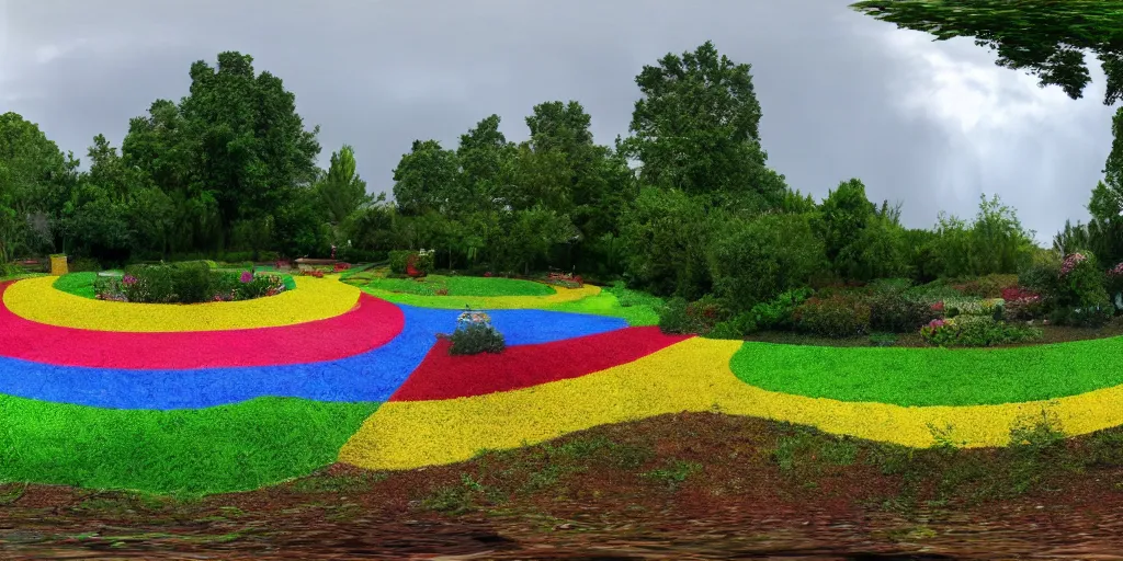 Prompt: equirectangular view of a rainbow garden