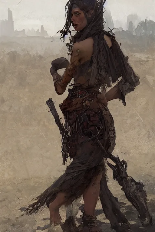 Image similar to a full body portrait of a beautiful post apocalyptic offworld criminal district bedouin blind pulp fiction scarlet wild rogue barbarian leper begging by the roadside, intricate, elegant, highly detailed, digital painting, artstation, concept art, smooth, sharp focus, illustration, art by krenz cushart and artem demura and alphonse mucha