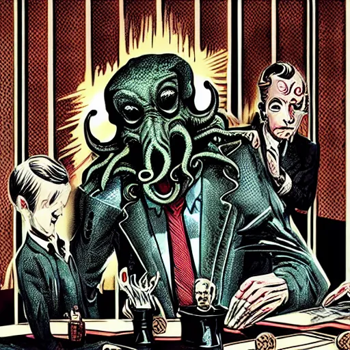 Image similar to Cthulhu as a modern day business man with a family and a drug and gambling addiction, necronomicon is the family Bible , Junji Ito and Greg rutkowski, psychedelic , 50s style infomercial , award winning , retro futuristic